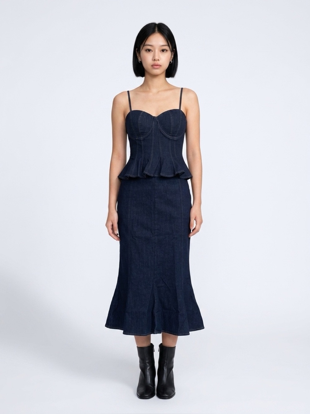 Structured Dark Blue Denim Midi Skirt andwith Bustier Top